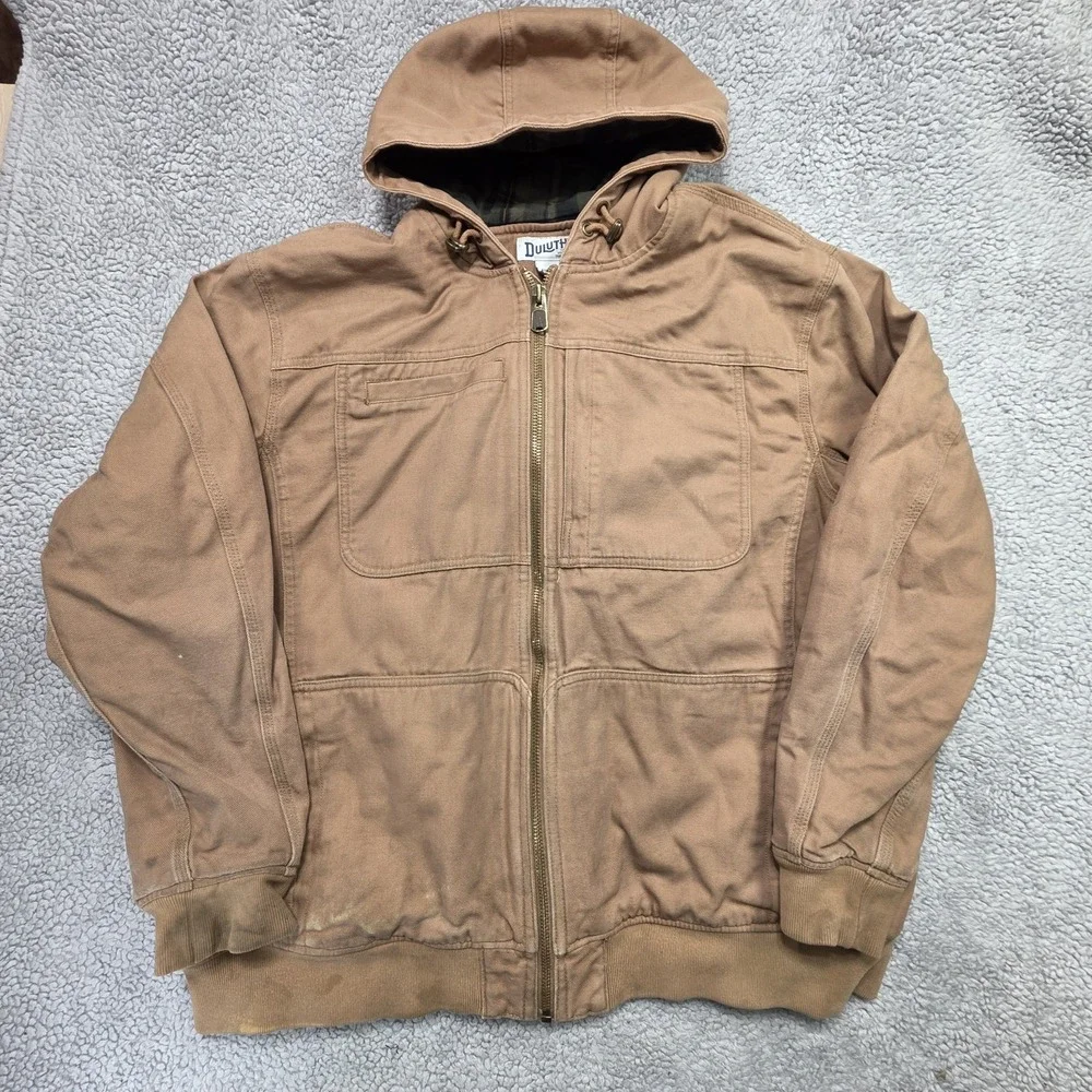 Duluth Trading Co Vintage Hooded Canvas Chore Work Jacket Flannel Lined Size 2XL